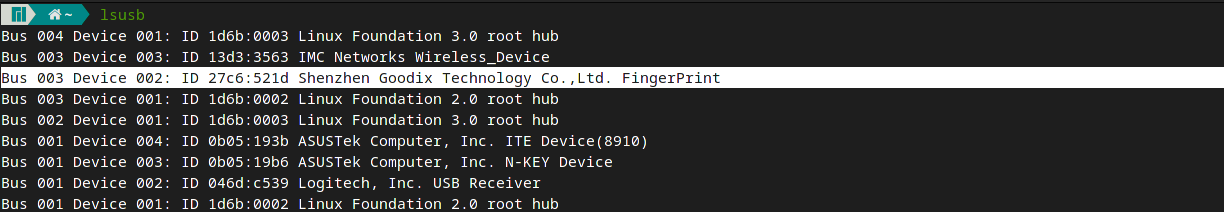 lsusb output showing my fingerprint reader
